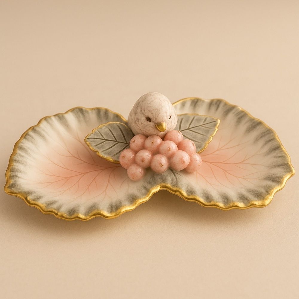 Vintage Ceramic Bird on Leaf Trinket Dish Pink Grey Gold Gilded Catchall 10 Inch